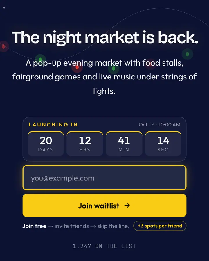 Carnival Ride — Playful & Pastel waitlist page template, deep blue background