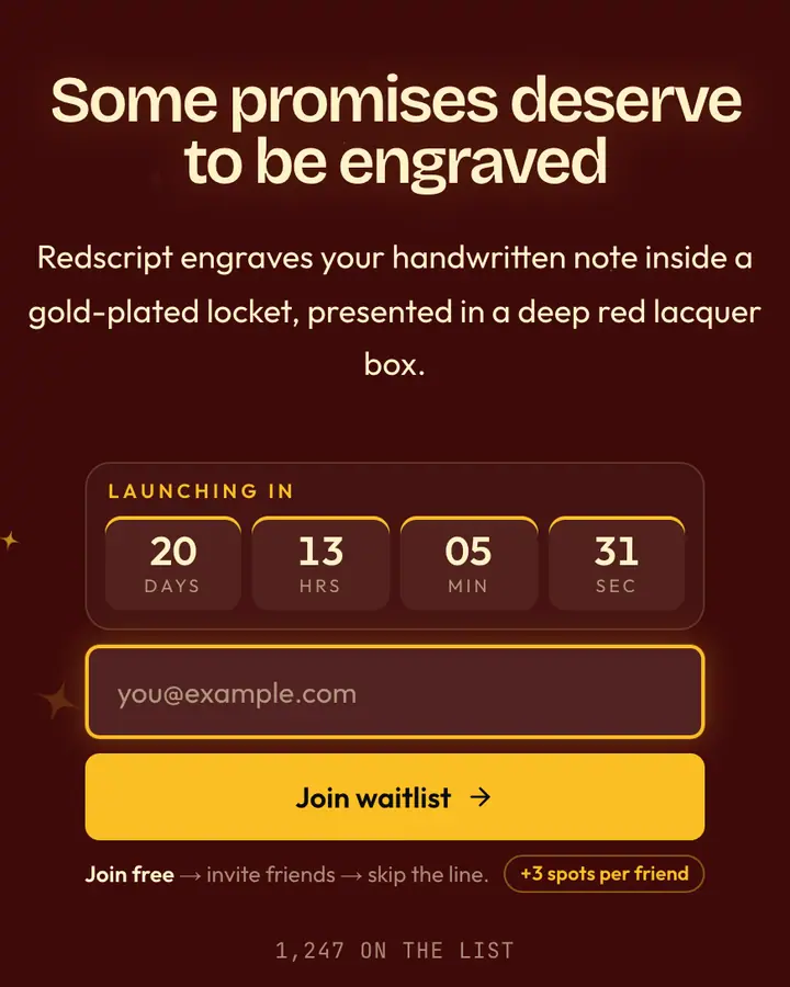 Jewel Box Red — Luxury waitlist page template, deep red background