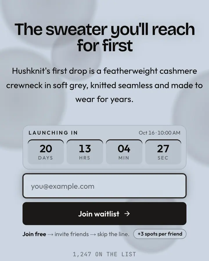 Cashmere Grey — Luxury waitlist page template, pale sky blue background