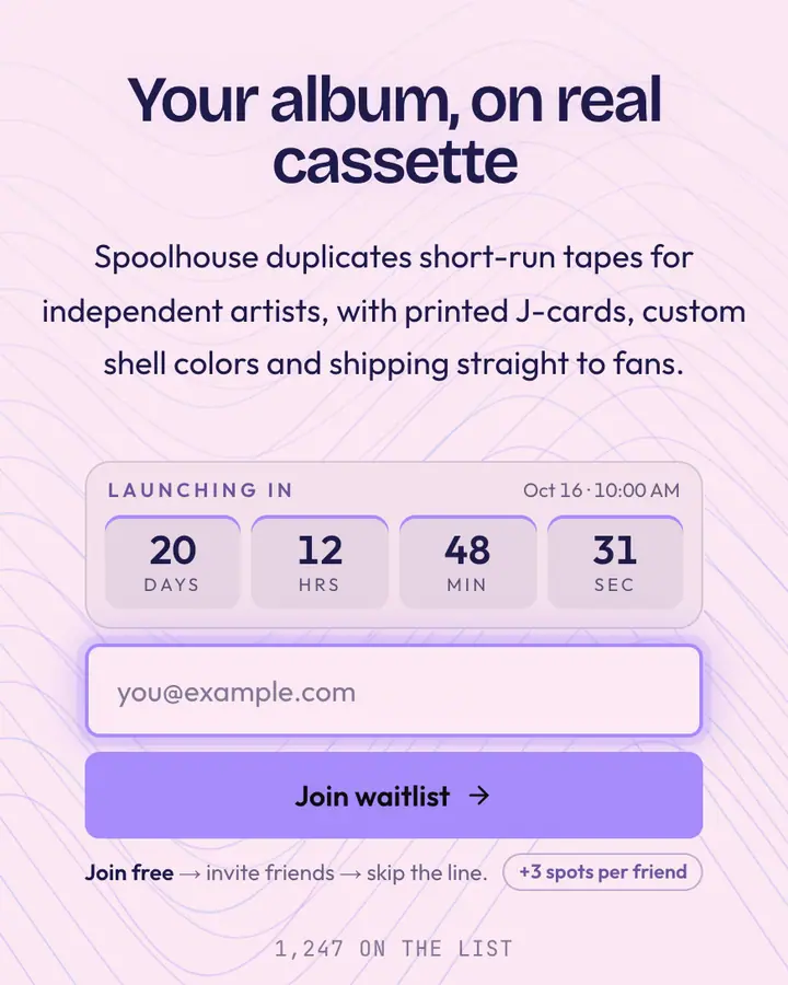 Cassette Tape — Vaporwave waitlist page template, pale pink background