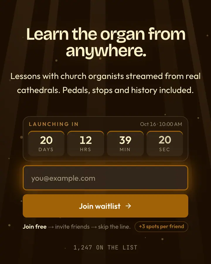 Cathedral Organ — Dark Academia waitlist page template, near-black vermilion background