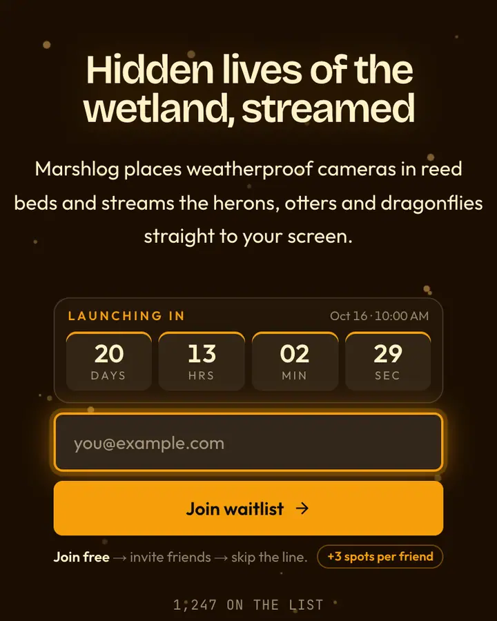 Cattail Marsh — Nature & Organic waitlist page template, near-black vermilion background