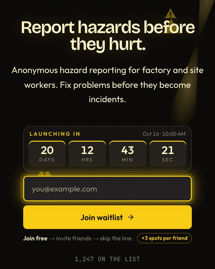 Caution Tape — Industrial & Brutalist waitlist page template, near-black background