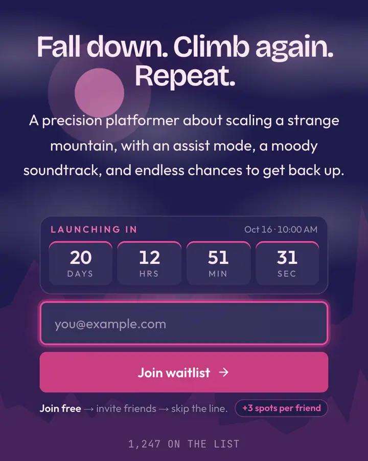 Summit Pink — Retro & Pixel Art waitlist page template, dark indigo background
