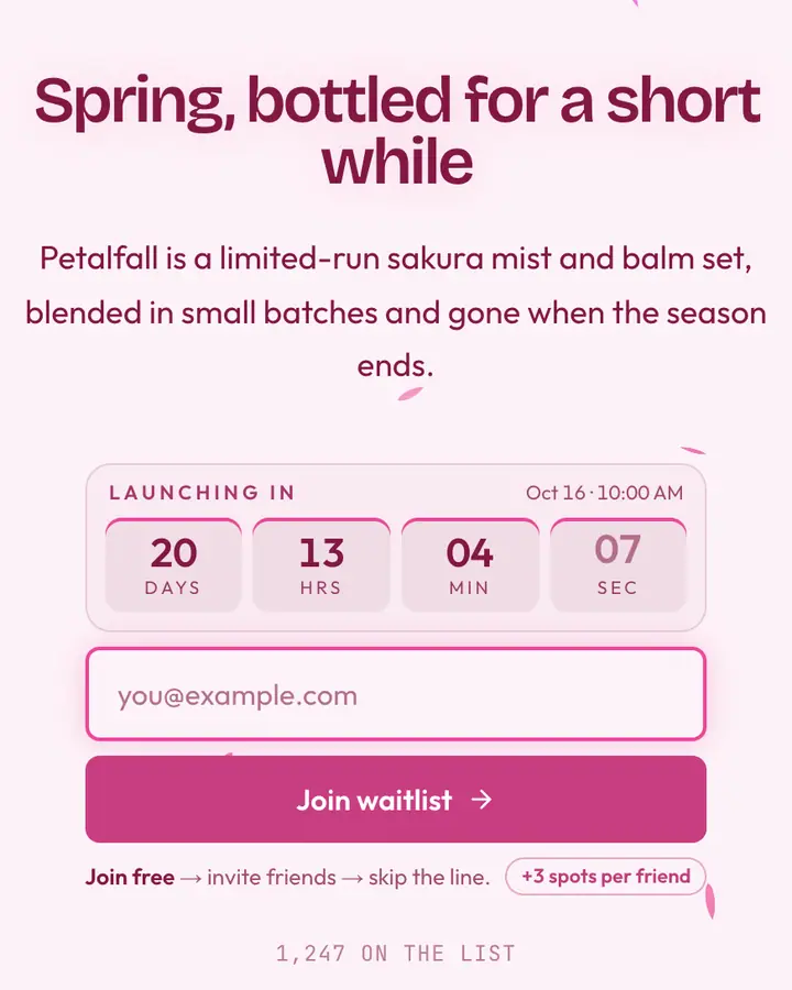 Cherry Blossom — Nature & Organic waitlist page template, pink-tinted white background