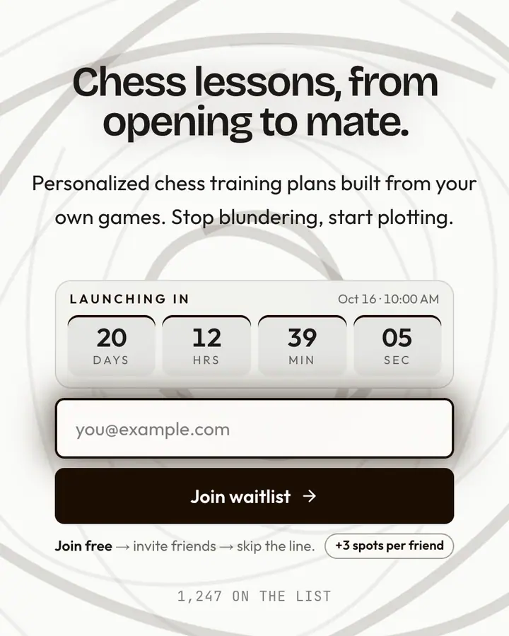 Chess Club — Dark Academia waitlist page template, white background