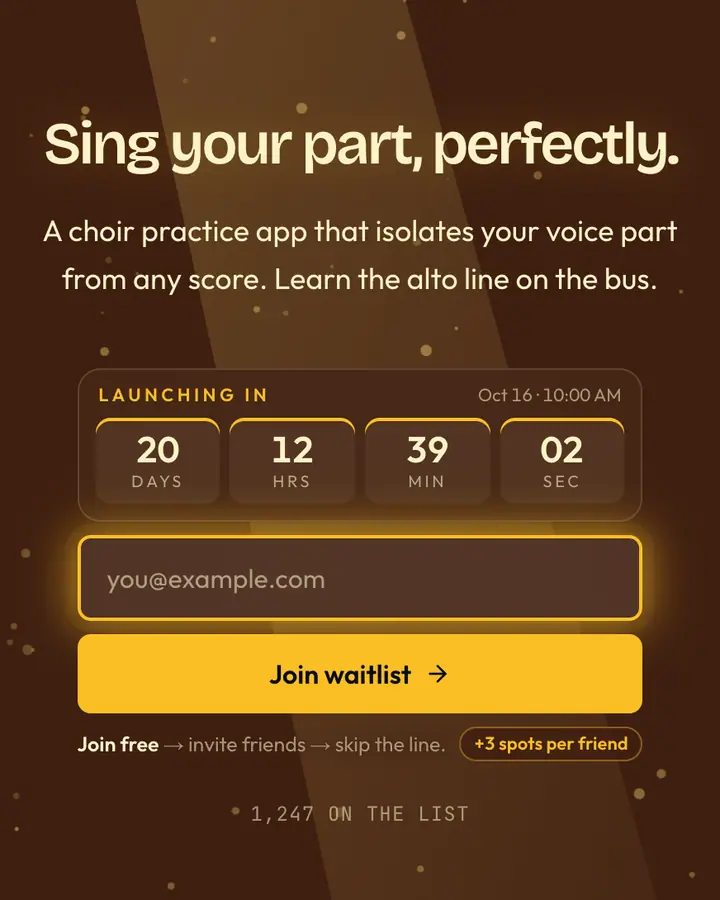 Choir Loft — Dark Academia waitlist page template, brown background
