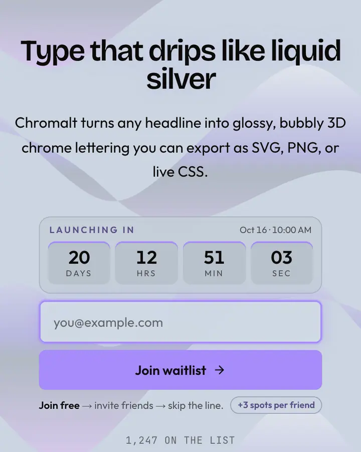 Chrome Pop — Y2K waitlist page template, pale sky blue background