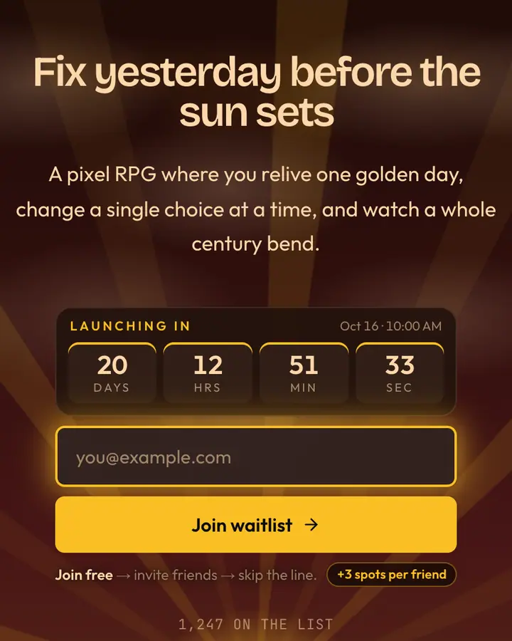 Time Traveler — Retro & Pixel Art waitlist page template, near-black vermilion background