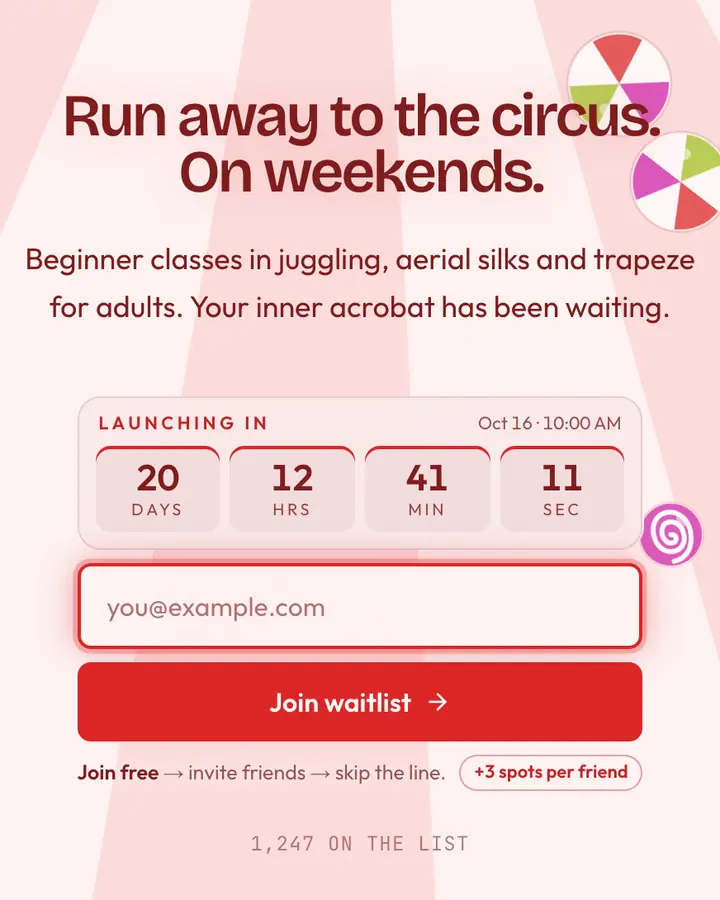 Circus Tent — Playful & Pastel waitlist page template, red-tinted white background
