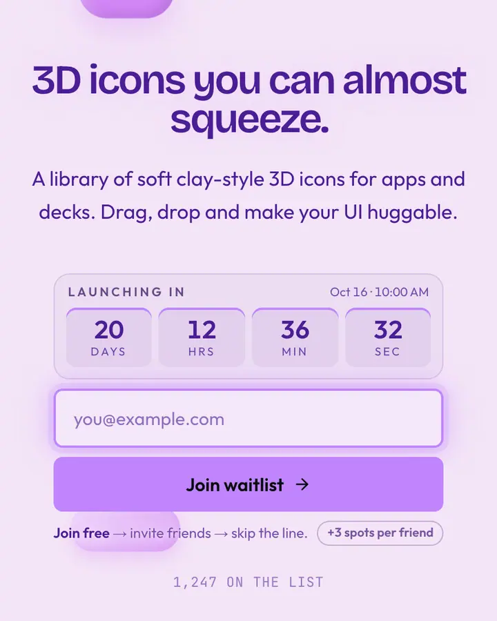 Claymorphism Studio — Playful & Pastel waitlist page template, pale purple background