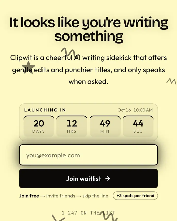 Paperclip Helper — Y2K waitlist page template, cream background