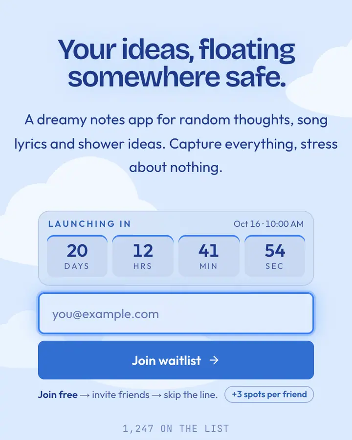 Cloud Nine — Playful & Pastel waitlist page template, pale sky blue background
