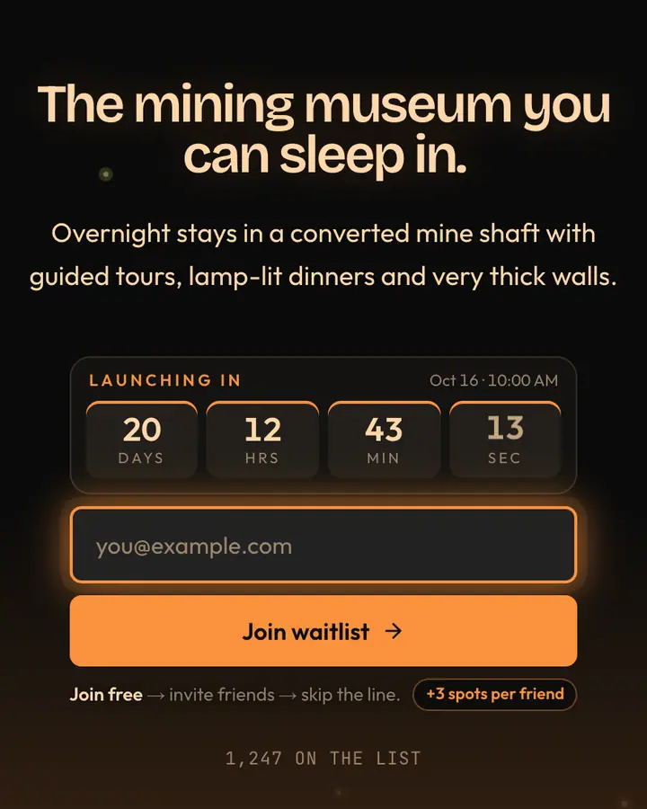 Coal Seam — Industrial & Brutalist waitlist page template, near-black background