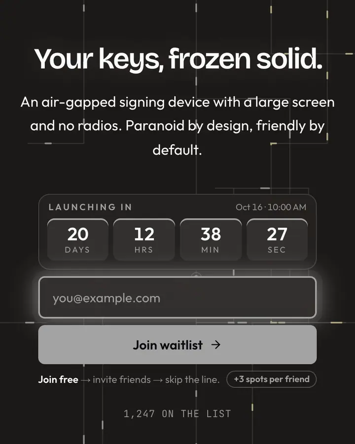 Cold Wallet — Crypto & Web3 waitlist page template, charcoal background