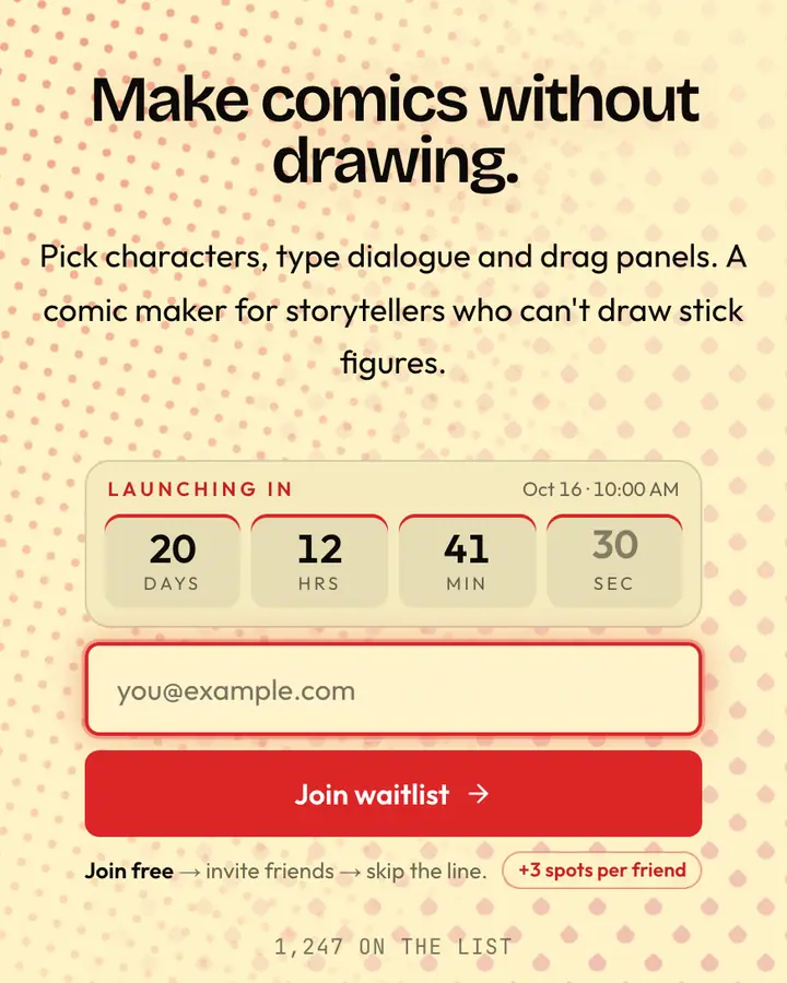Comic Strip — Playful & Pastel waitlist page template, cream background