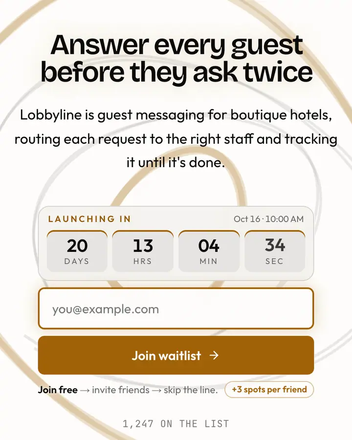 Concierge Bell — Luxury waitlist page template, amber-tinted white background