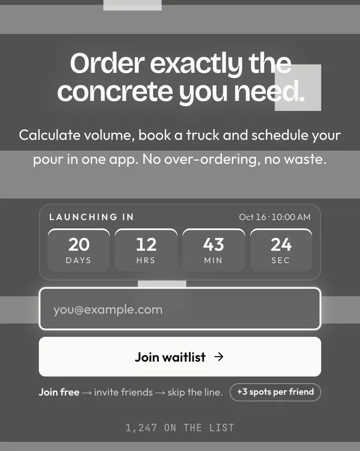 Concrete Pour — Industrial & Brutalist waitlist page template, dark gray background
