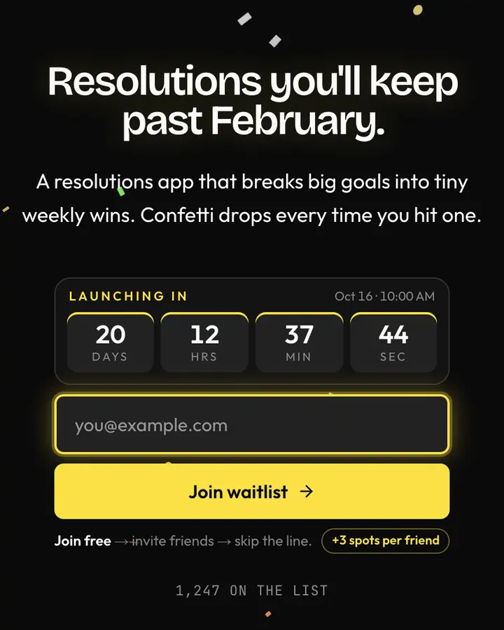 Confetti Drop — Holiday & Seasonal waitlist page template, near-black background