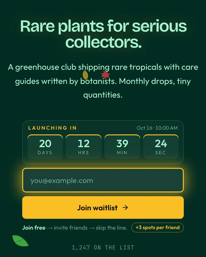 Conservatory — Dark Academia waitlist page template, deep teal background