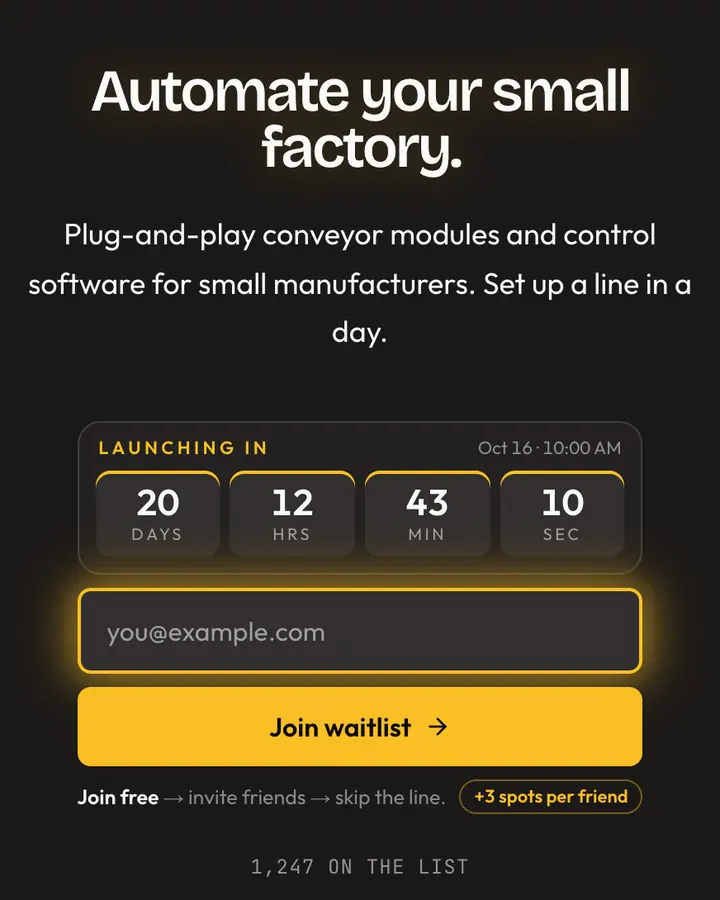 Conveyor Belt — Industrial & Brutalist waitlist page template, charcoal background