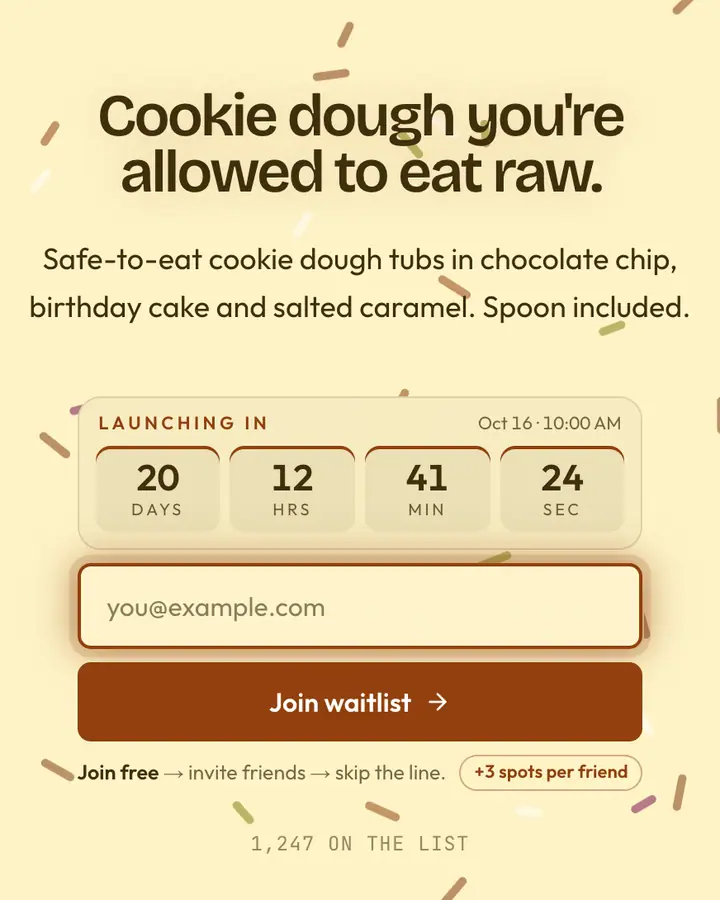 Cookie Dough — Playful & Pastel waitlist page template, cream background