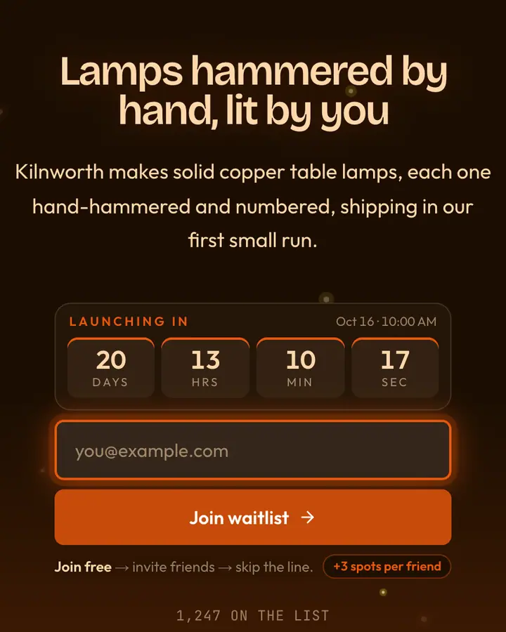 Copper Glass — Glassmorphism waitlist page template, near-black vermilion background