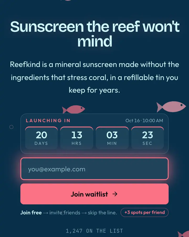 Coral Reef — Nature & Organic waitlist page template, deep sky blue background