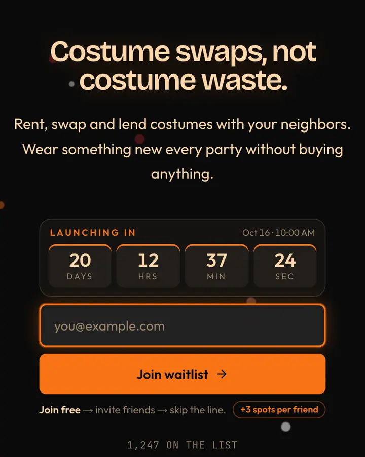 Costume Party — Holiday & Seasonal waitlist page template, near-black background
