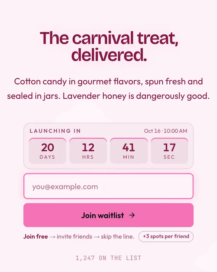 Cotton Candy — Playful & Pastel waitlist page template, pink-tinted white background