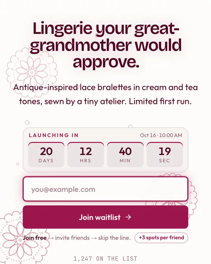Cream Lace — Coquette waitlist page template, amber-tinted white background