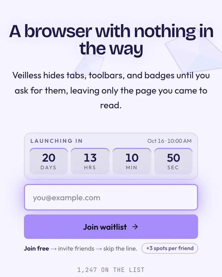 Crystal Clear — Glassmorphism waitlist page template, indigo-tinted white background