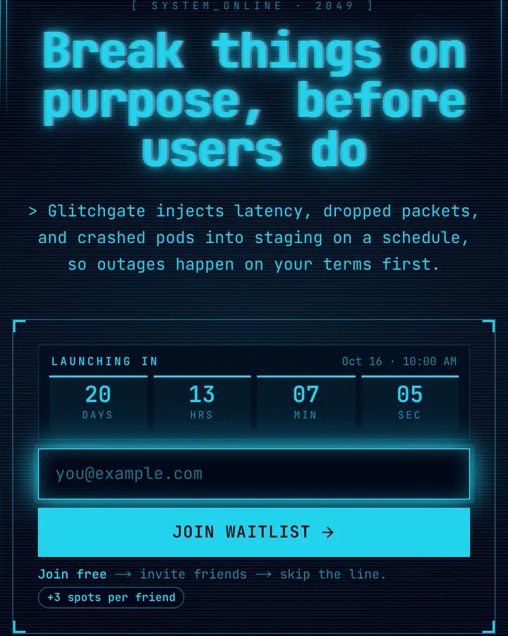 Cyber-Glitch — Terminal & Developer waitlist page template, near-black blue background