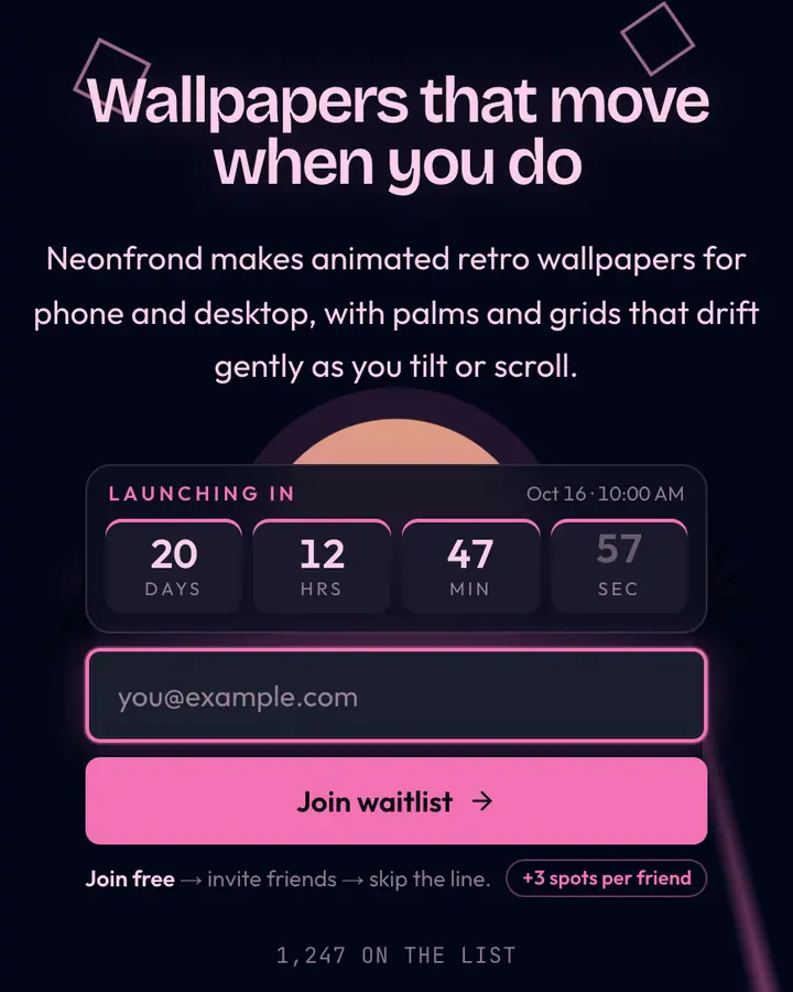 Cyber Palms — Vaporwave waitlist page template, near-black blue background