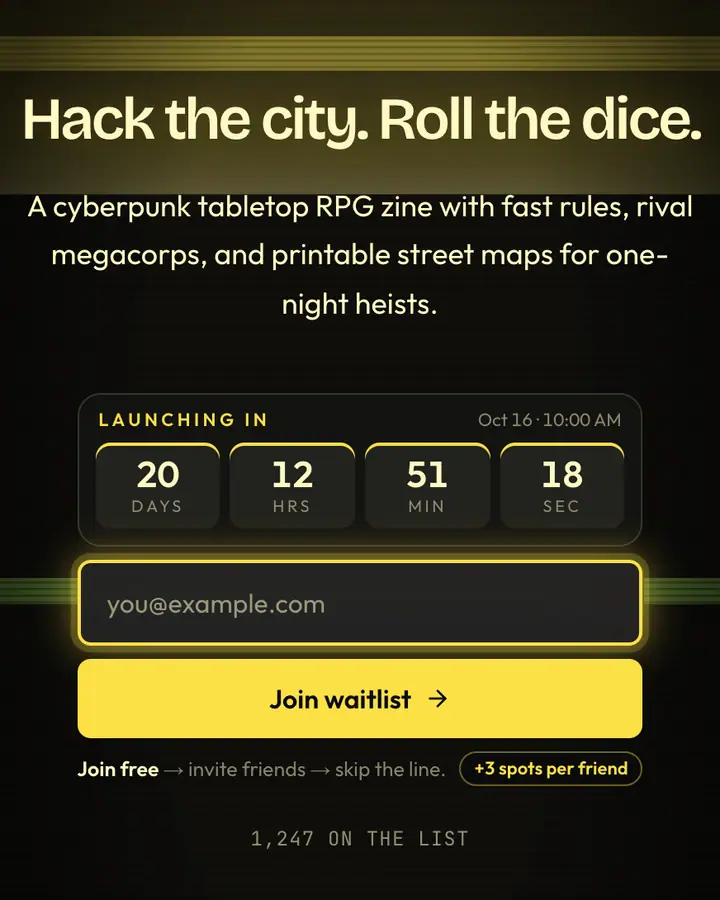 Cyberpunk Yellow — Retro & Pixel Art waitlist page template, near-black background