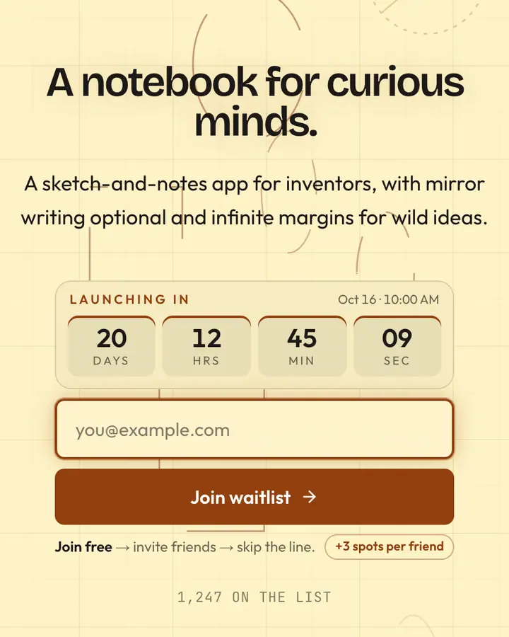 Da Vinci Sketch — Editorial & Abstract waitlist page template, cream background