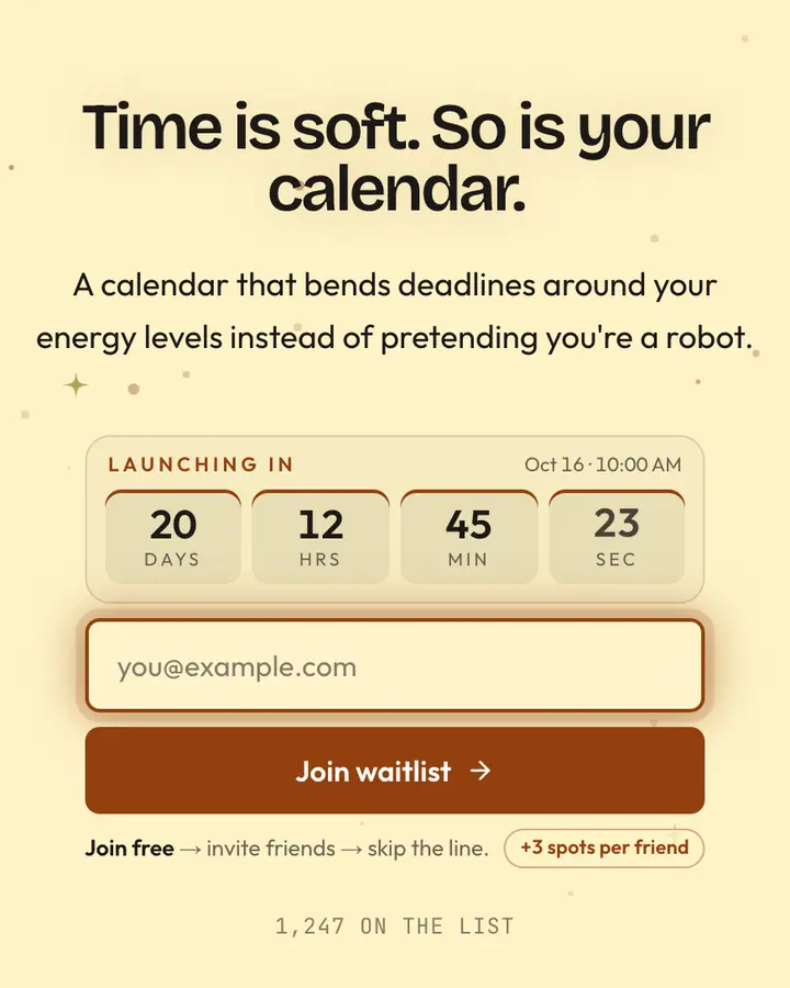 Dali Clock — Editorial & Abstract waitlist page template, cream background