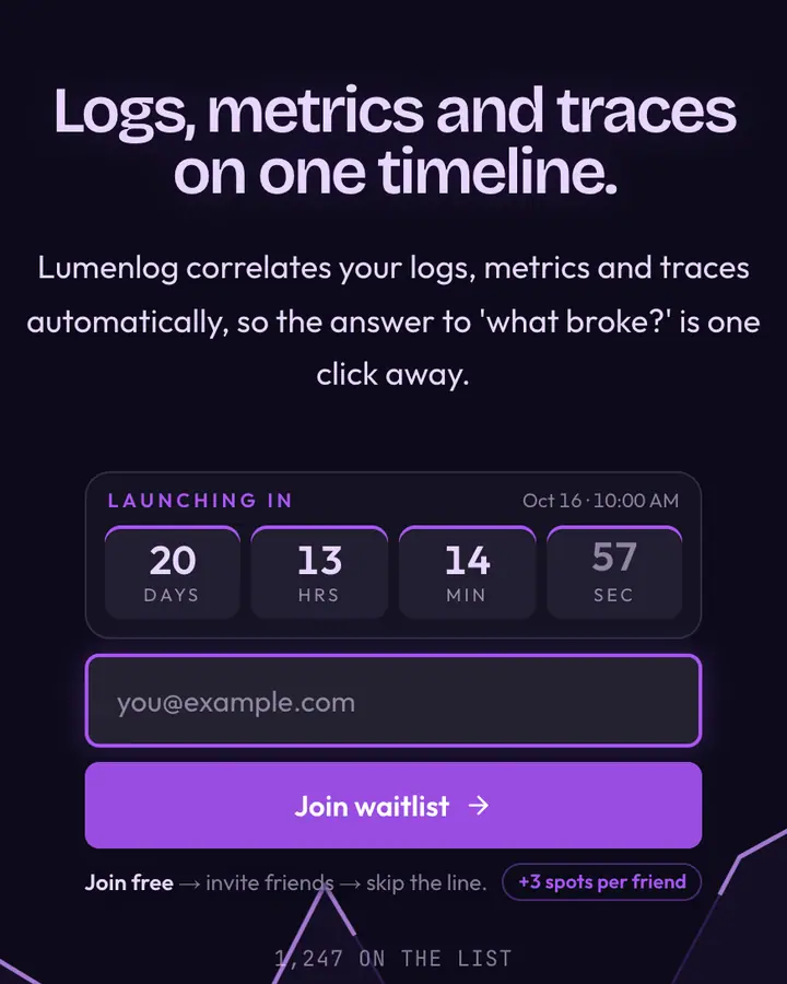 Observability Violet — Tech & SaaS waitlist page template, deep indigo background