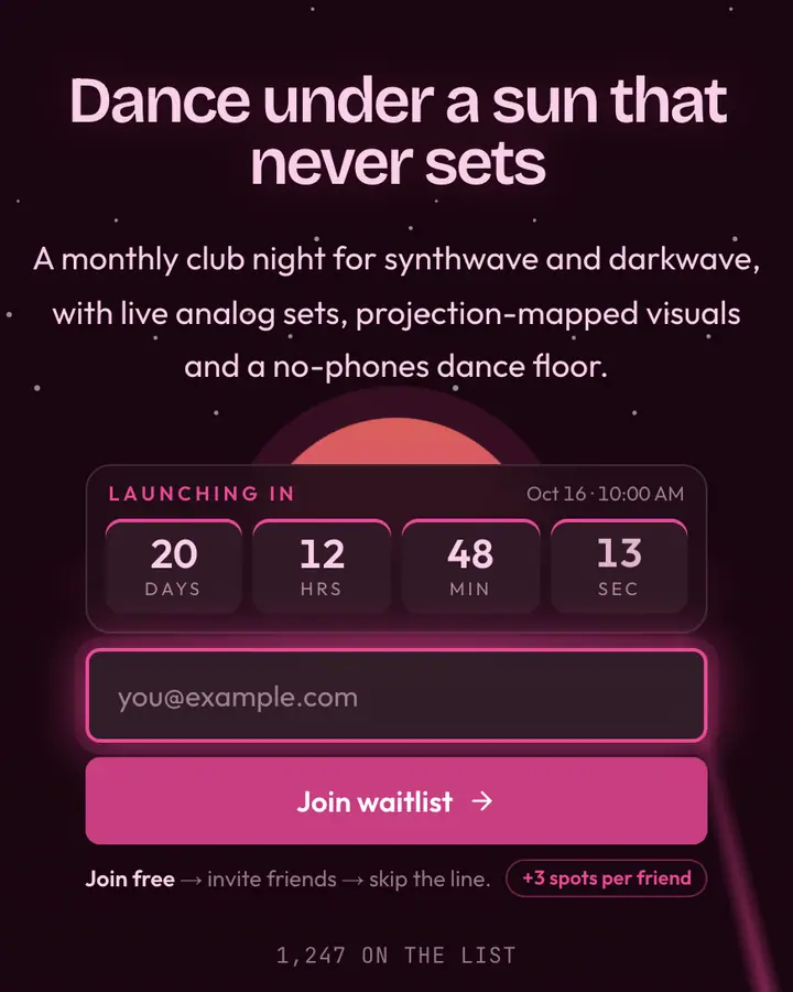 Deep Purple Sun — Vaporwave waitlist page template, near-black pink background