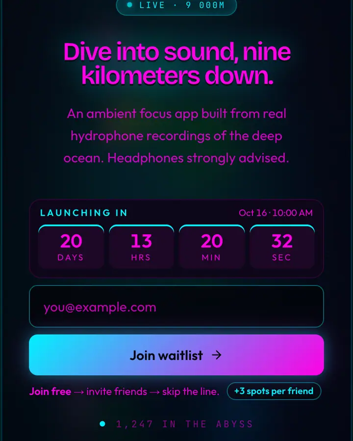 Deep Sea — Editorial & Abstract waitlist page template, near-black background
