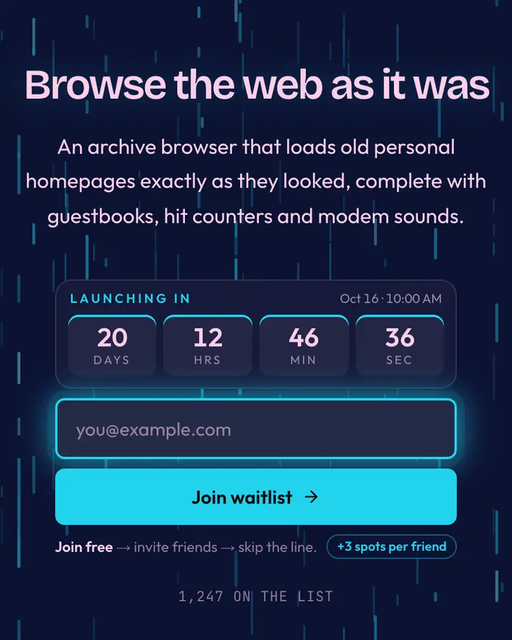 Dial-up Blue — Vaporwave waitlist page template, deep blue background