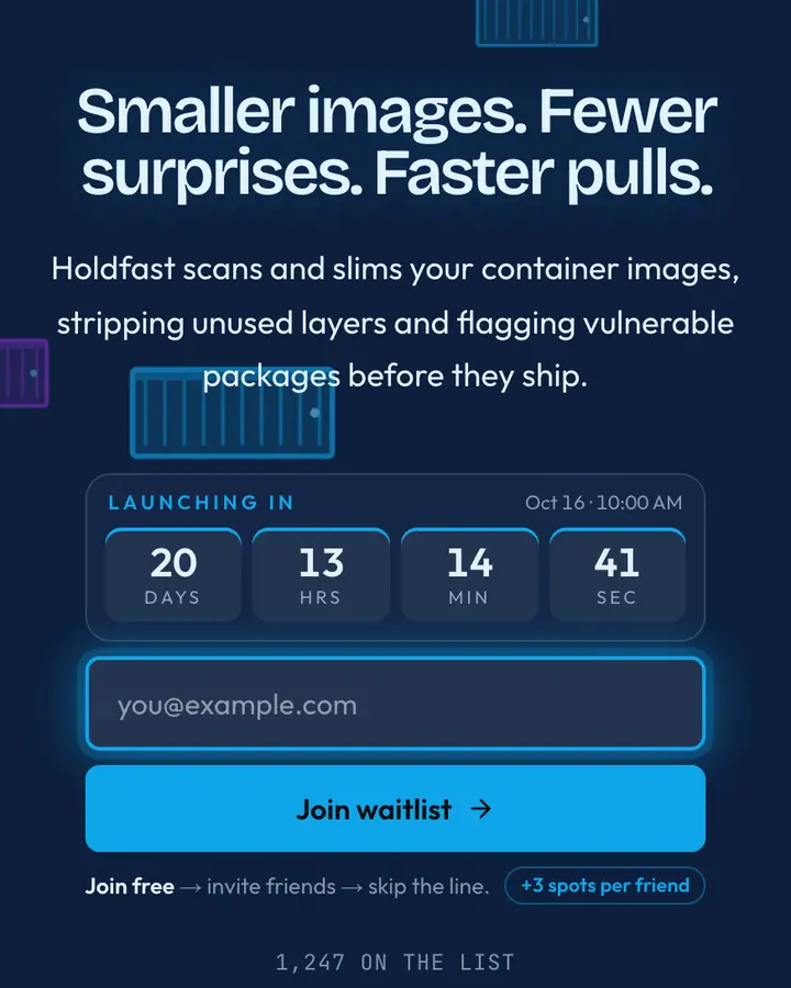 Container Navy — Tech & SaaS waitlist page template, deep blue background