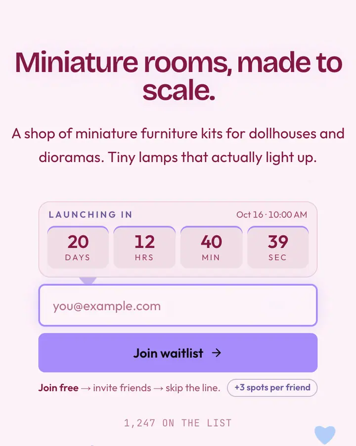 Dollhouse Pink — Playful & Pastel waitlist page template, pink-tinted white background