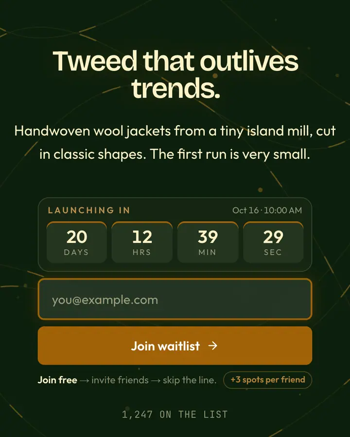 Donegal Tweed — Dark Academia waitlist page template, deep green background