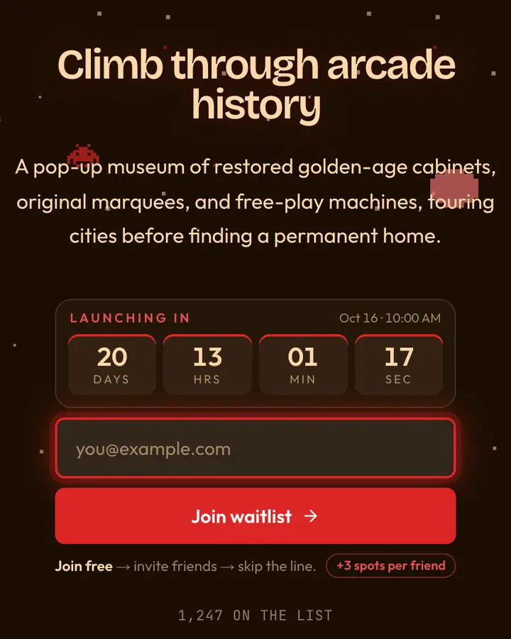 Barrel Climb — Retro & Pixel Art waitlist page template, near-black vermilion background