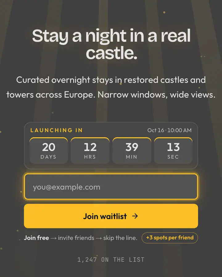 Donjon Keep — Dark Academia waitlist page template, dark gray background