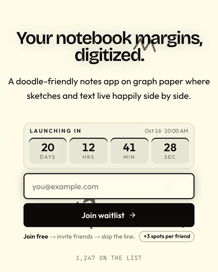 Doodle Pad — Playful & Pastel waitlist page template, yellow-tinted white background