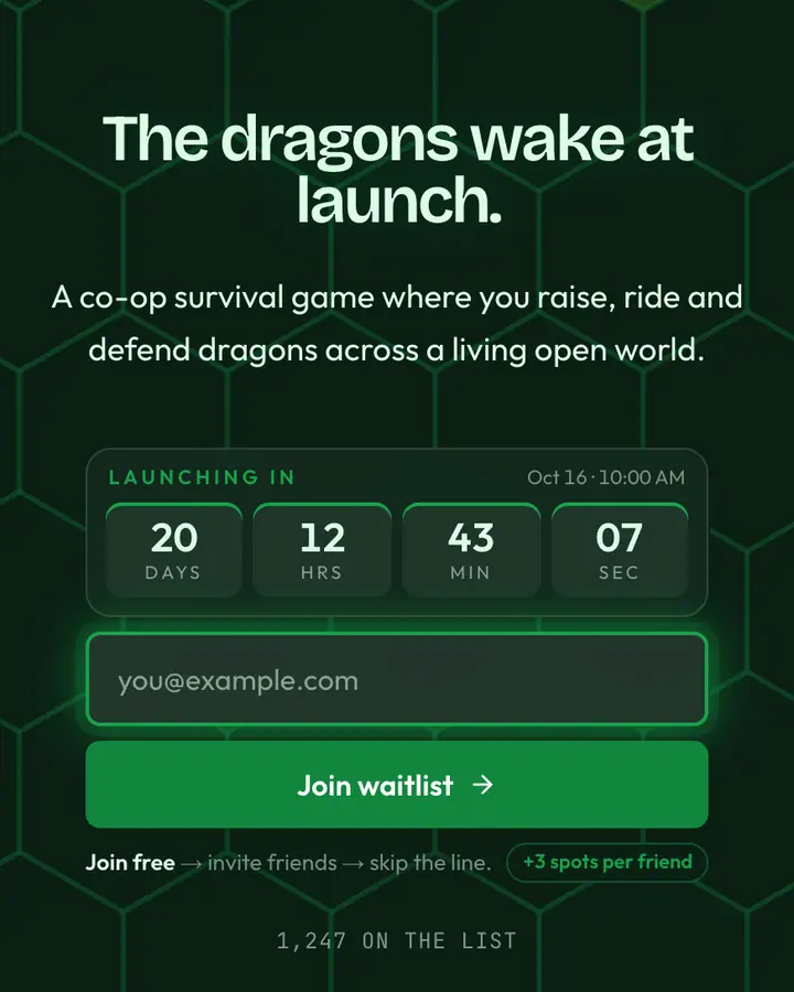Dragon Scales — Fantasy waitlist page template, deep emerald background