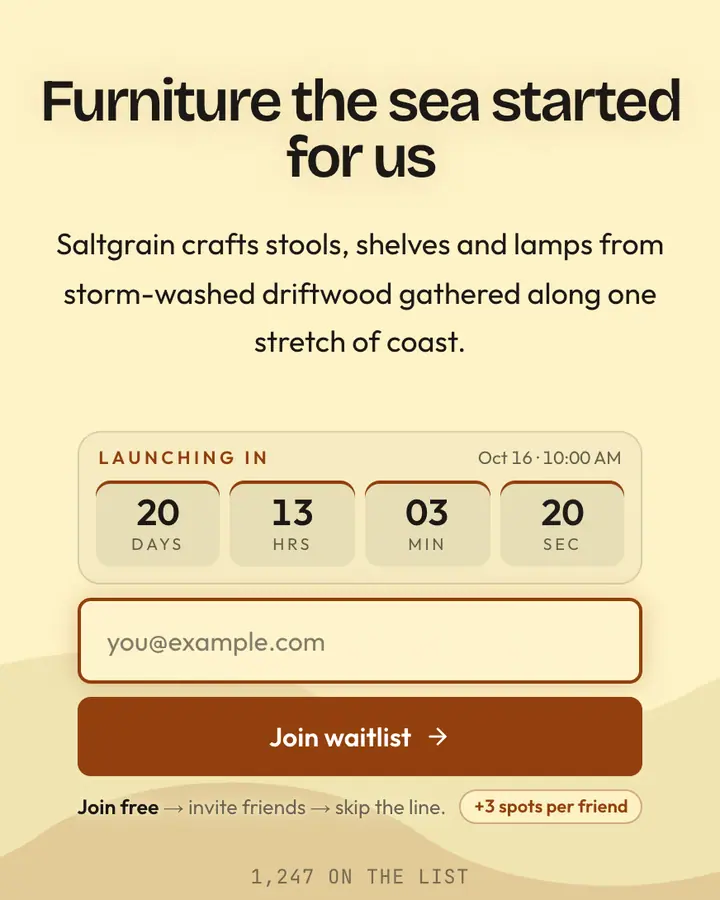 Driftwood Beach — Nature & Organic waitlist page template, cream background