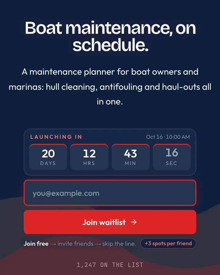Drydock — Industrial & Brutalist waitlist page template, deep blue background